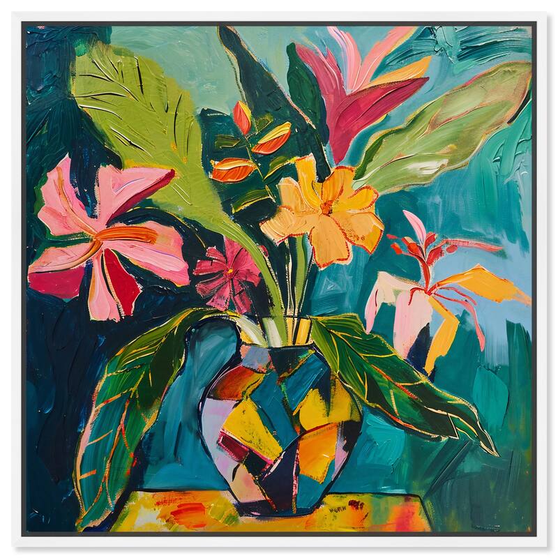 Art Remedy Vase Of Bright Tropical Flowers Ii Framed Flowers In Vase Paintings - 21 x 21 - White