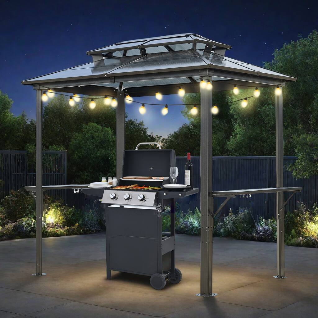 8 x 5FT Hardtop BBQ Gazebo with UV-Resistant Roof & Storage Hooks for Outdoor Use