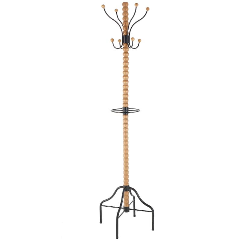 Brown Wood Spindle 8 Hook Coat Rack with Black Metal Accents and Beaded Ends