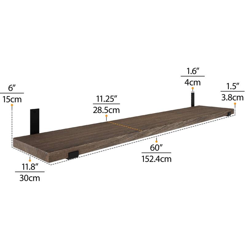 Wallniture Forte Wood Board 60" Long, 11.25'' Deep, 1.5" Thick, Wood Floating Shelf for Wall with Heavy Duty Metal Brackets, 1pc