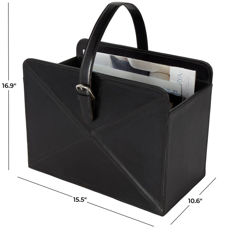 Leather Handmade Box Style Magazine Holder with Detail Stitching and Curved Buckle Handles - Brown or Black - Roche River Decor