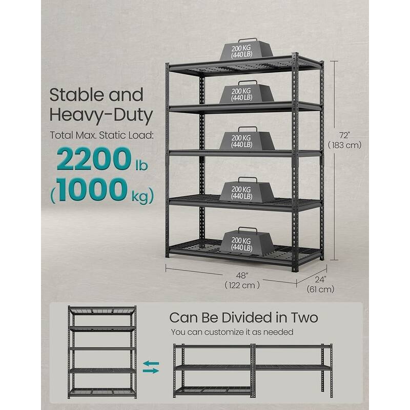 Ink-Black 5-Tier Storage Shelves, Steel Shelf, Boltless Assembly for Garage Shed