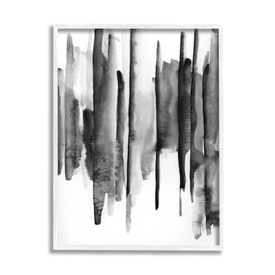 Stupell Vertical Black Ink Strokes Abstract Watercolor Over White Framed Wall Art