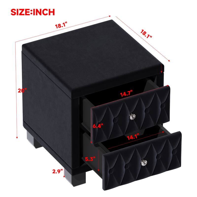 Luxury Velvet Nightstand - 2-Drawer Storage Bedside Table with Crystal Handles & Button-Tufted Design‌