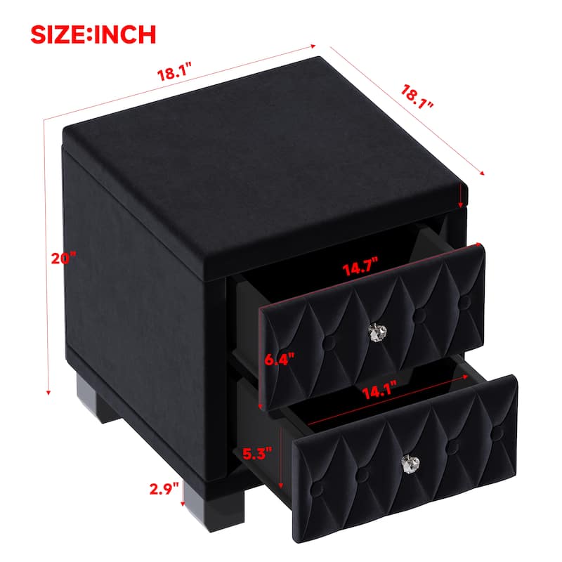 Roomfitters Elegant Velvet Nightstand with 2 Drawers and Crystal Handle, Tufted Storage Bedside Table