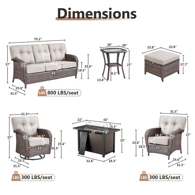 TWrap Wicker Patio Iron Fire Pit Conversation Set with 3-Seat Sofa & Swivel Gliders & Armchairs