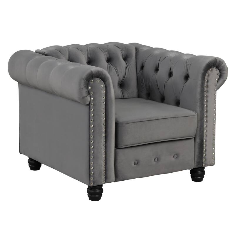 Classic Tufted Velvet Upholstered Chesterfield Club Chair Loveseat Sofa 3 Pieces with Nailhead for Living Room by Morden Fort