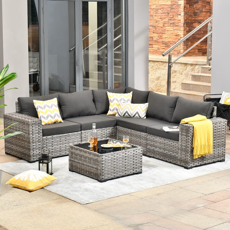 OVIOS Patio Wicker Furniture Wide Arm 6-piece Set with Table - Black