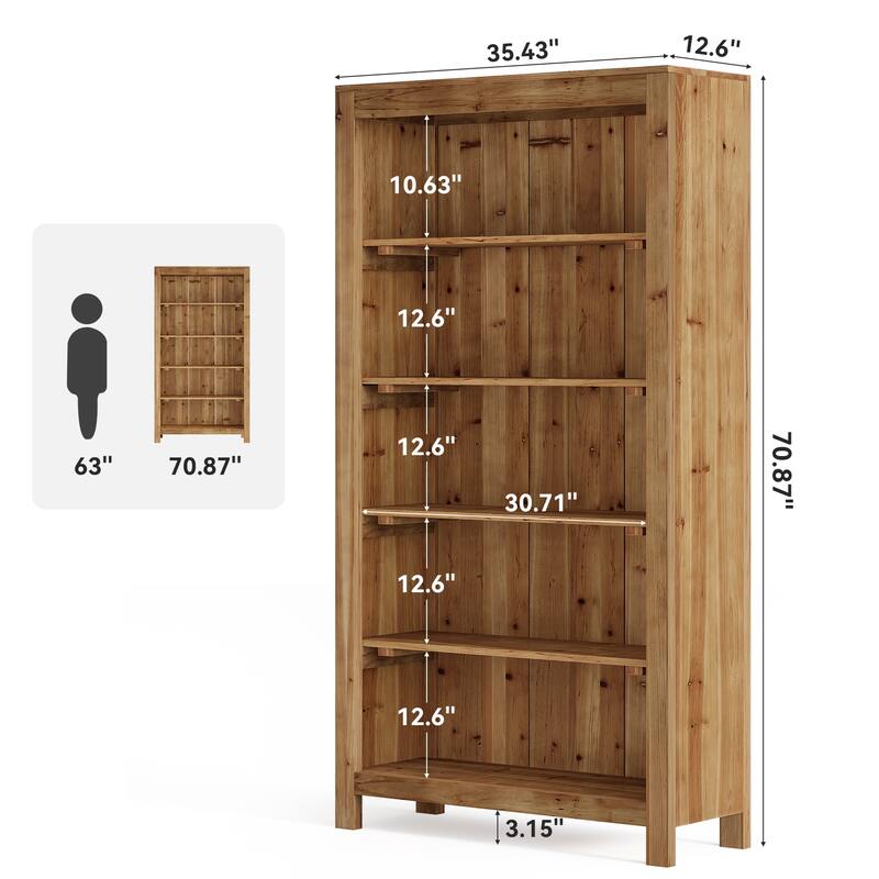 5-Tier Tall Heavy Duty Floor Bookcase, Solid Wood Large Bookshelf