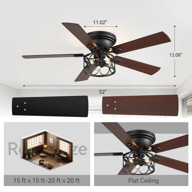 52-inch Flush Mount Caged Ceiling Fan with Light and Remote(5 Reversible Blades)