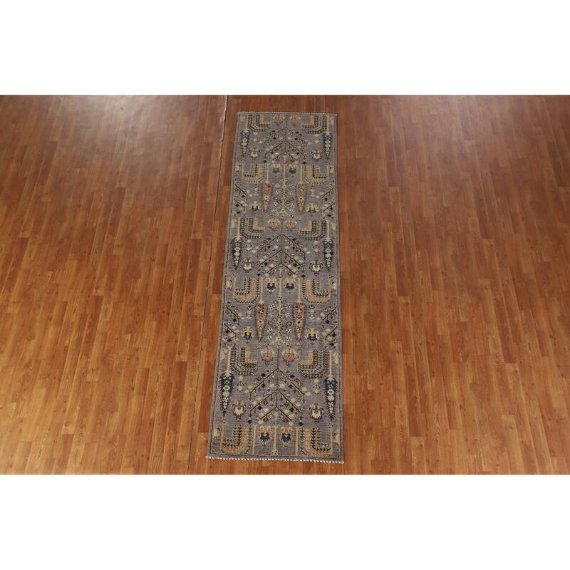 Hand Knotted Oriental 100% Wool Carpet Transitional Floral Greys & Charcoal Oushak Runner Rug - 9' 9'' X 2' 10''