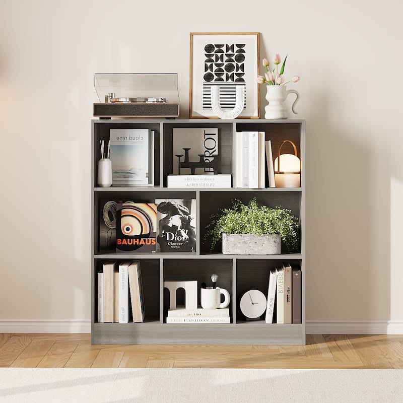 Gray Bookshelf with Multi-Size Storage Compartments Home Office Bookcase Organizer Bookcase Organizer
