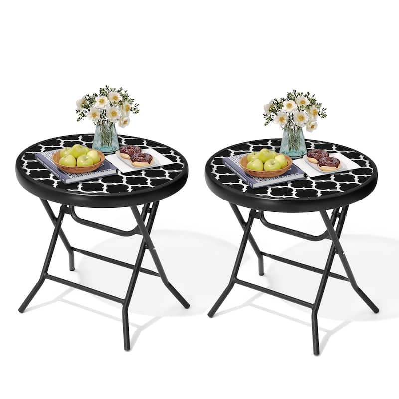 Crestlive Outdoor Side Table Patio Small Folding Table with Tempered Glass Table Top - Black&White - 2PC