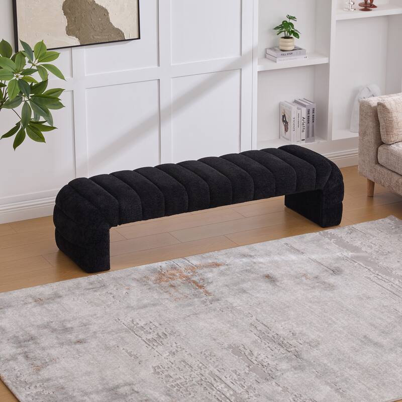 69.7" W Modern Chenille Bedroom Entryway Bench with Wood Legs