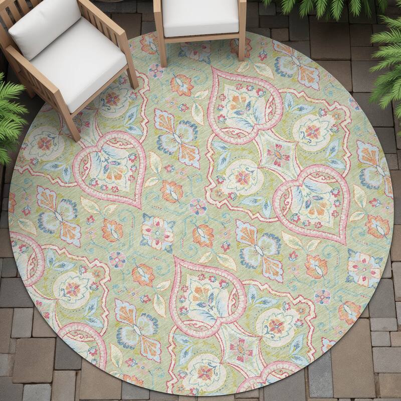 Machine Washable Indoor/Outdoor Traditional Spades Chantille Rug - Aloe - 8' x 8'