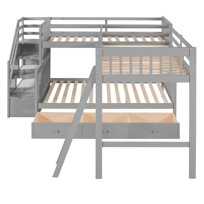 Twin Over Full LShaped Triple Bunk Bed With 3 Drawers, Ladder and