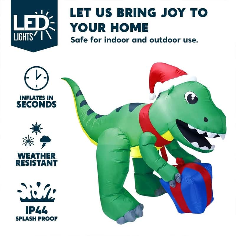 Joyfy 5ft Tall Dinosaur Inflatable with LED-lit Gift Box for Outdoor Xmas Décor