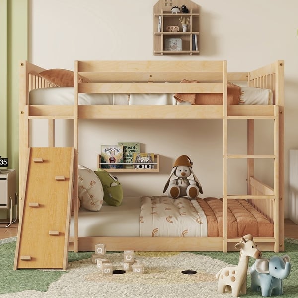 slide 2 of 14, Twin over Twin Floor Bunk Bed with Playhouse Design, Ramp & Dual Ladders Natural