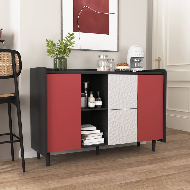 Sideboard Buffet Cabinet,Storage Cabinet with Red Doors,2 Drawers with unique panel styling and 2 Open Storage Compartment - Black+Red