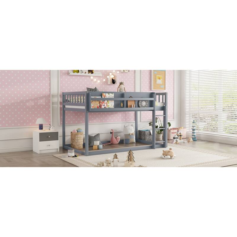 Roomfitters Twin Over Twin Bunk Bed, Low Floor Loft Platform Bed and Shelf with Wooden Frame for Bedroom