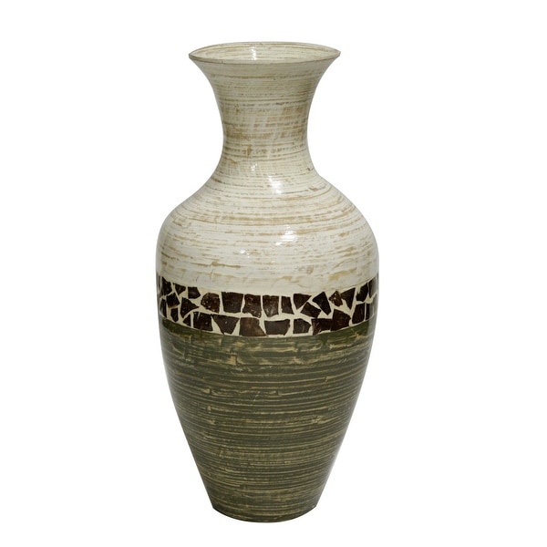 25" Spun Bamboo Floor Vase - Bamboo In White And Green W/ Coconut Shell