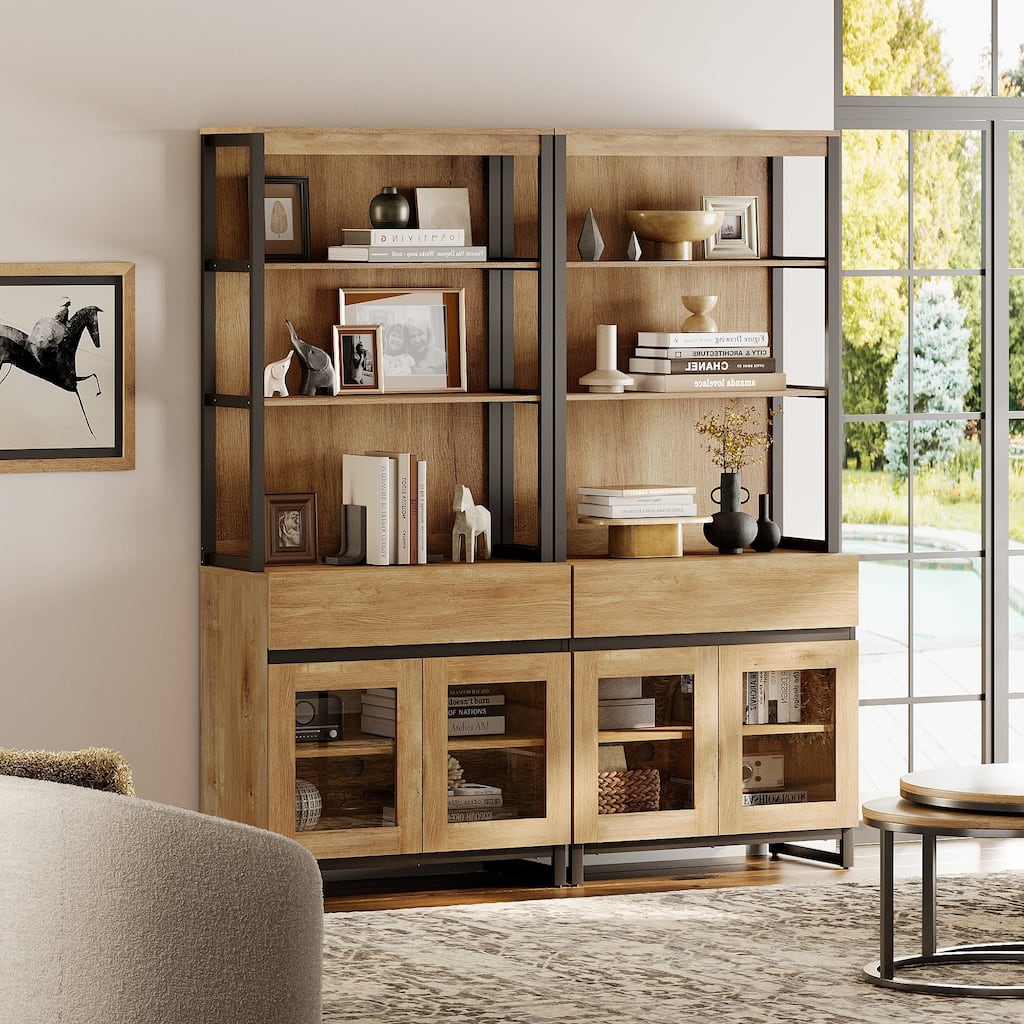 2 PCS Modern 72" Tall Bookcase with 2 Drawers and Open Book Shelfs for Home Office, Living room.
