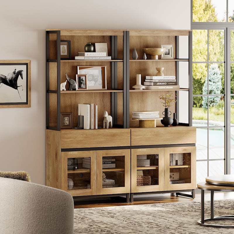 2 PCS Modern 72" Tall Bookcase with 2 Drawers and Open Book Shelfs for Home Office, Living room. - 7'9" x 9'9" - Oak