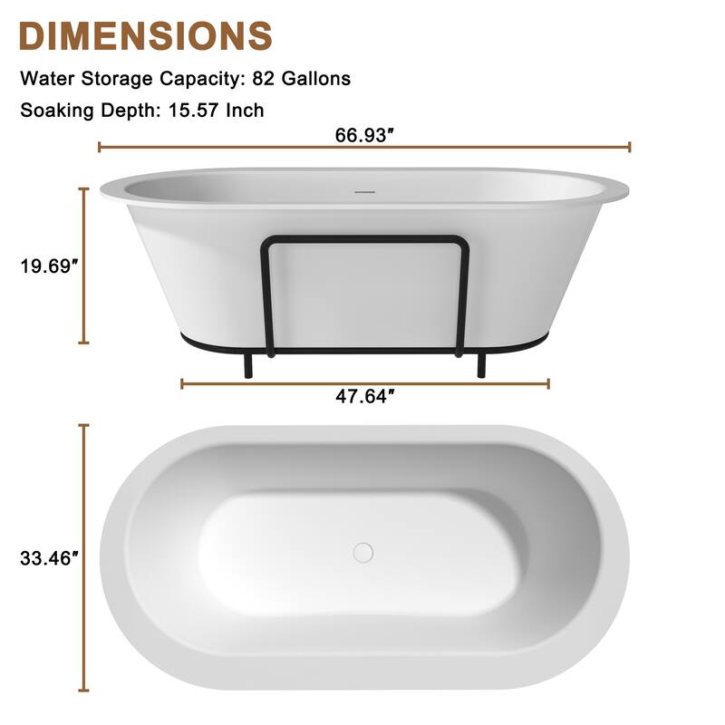 CASAINC Resin Stone Solid Surface Soaking Stand Alone Bathtub Freestanding Bathtub in Matte White