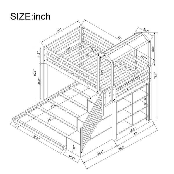 Convertible Twin/Full Bunk Bed with Staircase and Moveable Shelves