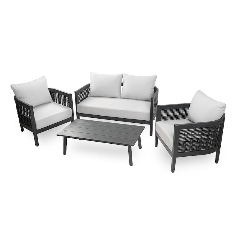 Burchett Outdoor Acacia Wood and Wicker 4 Seater Chat Set with Cushions by Christopher Knight Home