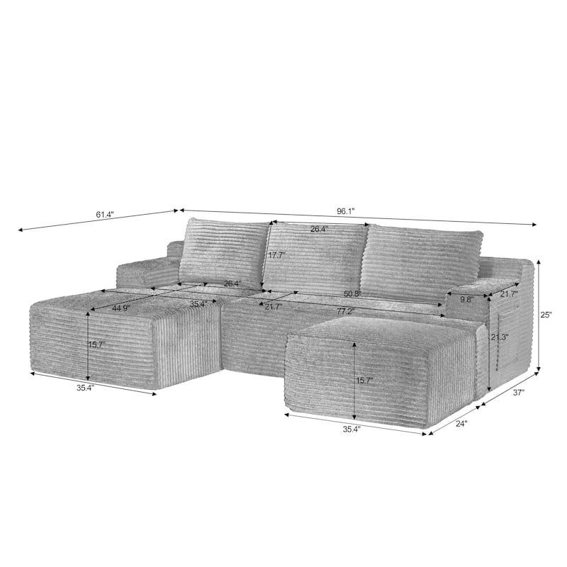 Corduroy Upholstery Cloud Modular Sectional Sofa with Chaise and Pillows, All-Foam Compression Design