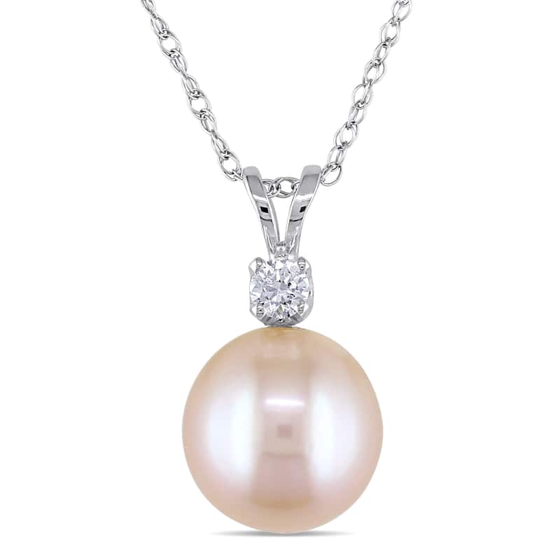 Miadora 9-9.5mm Pink Cultured Freshwater Pearl and Created White Sapphire Pendant with Singapore Chain in 14k White Gold