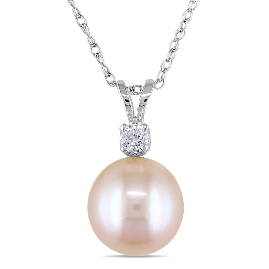 Miadora 9-9.5mm Pink Cultured Freshwater Pearl and Created White Sapphire Pendant with Singapore Chain in 14k White Gold
