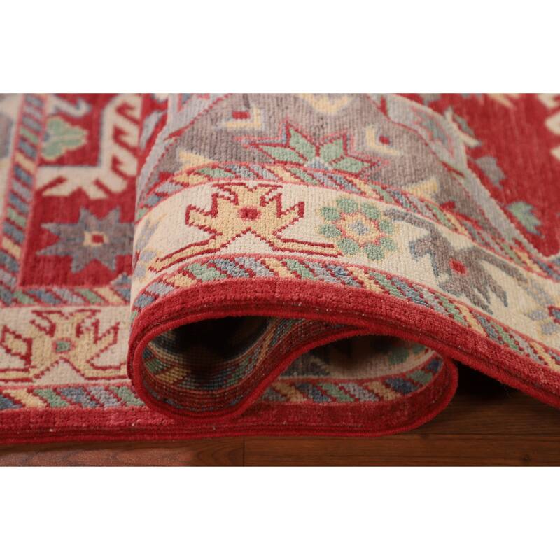 Red Kazak Accent Rug Handmade Geometric Wool Carpet - 3'4"x 4'8"