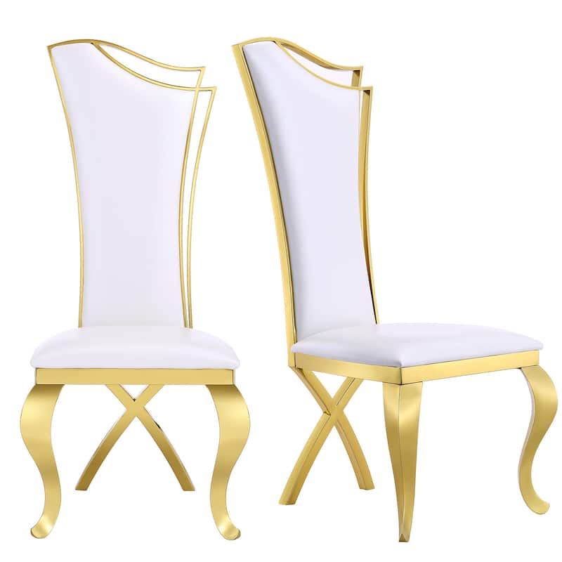 White Tufted Dining Chairs with PU Leather Upholstered and Polished Gold Legs - White