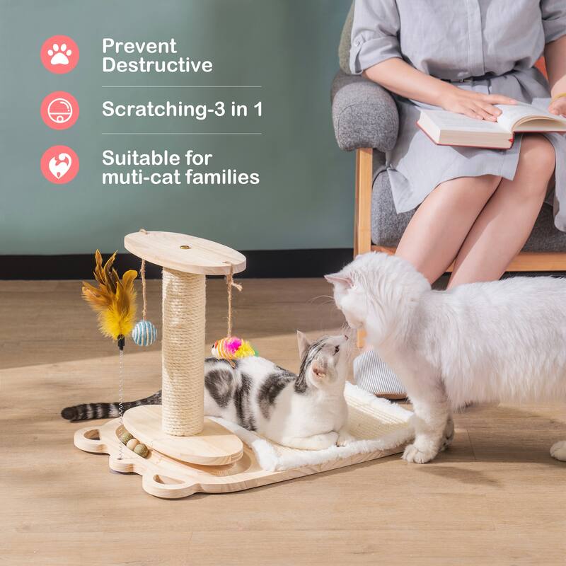 Cat Toy 1-Layer Turntable Cat Ball Toy with Feather Stick,Cat Toy with 5 Interactive Balls ,Cat Scratching Post with Mat