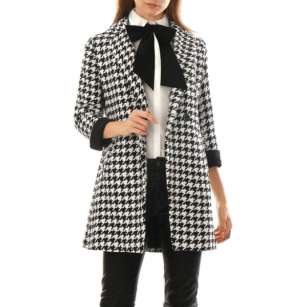 Women Houndstooth Pattern Double Breasted Worsted Coat - Black