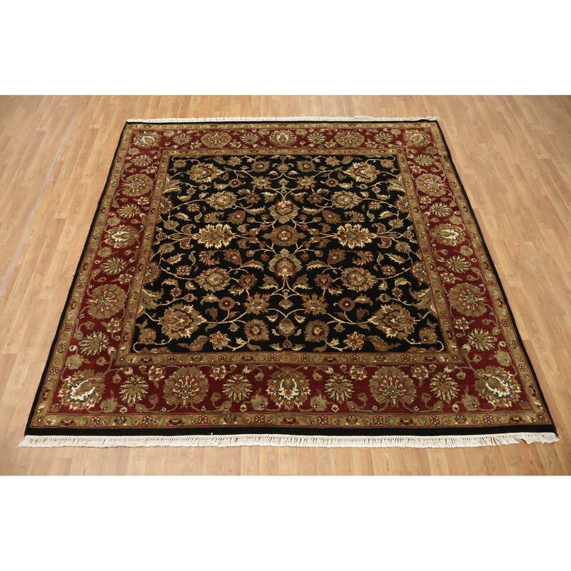 Hand Knotted Oriental 100% Wool Carpet Traditional All-Over Black Agra Area Rug - 8' 1'' X 8' 3''