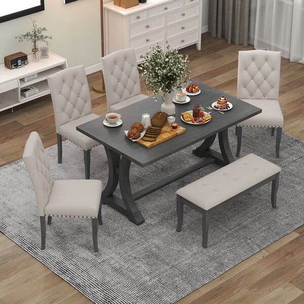 Rectangular 6 Piece Dining Table Set w Bench and Nailhead Chairs Grey Bed Bath Beyond 39807011
