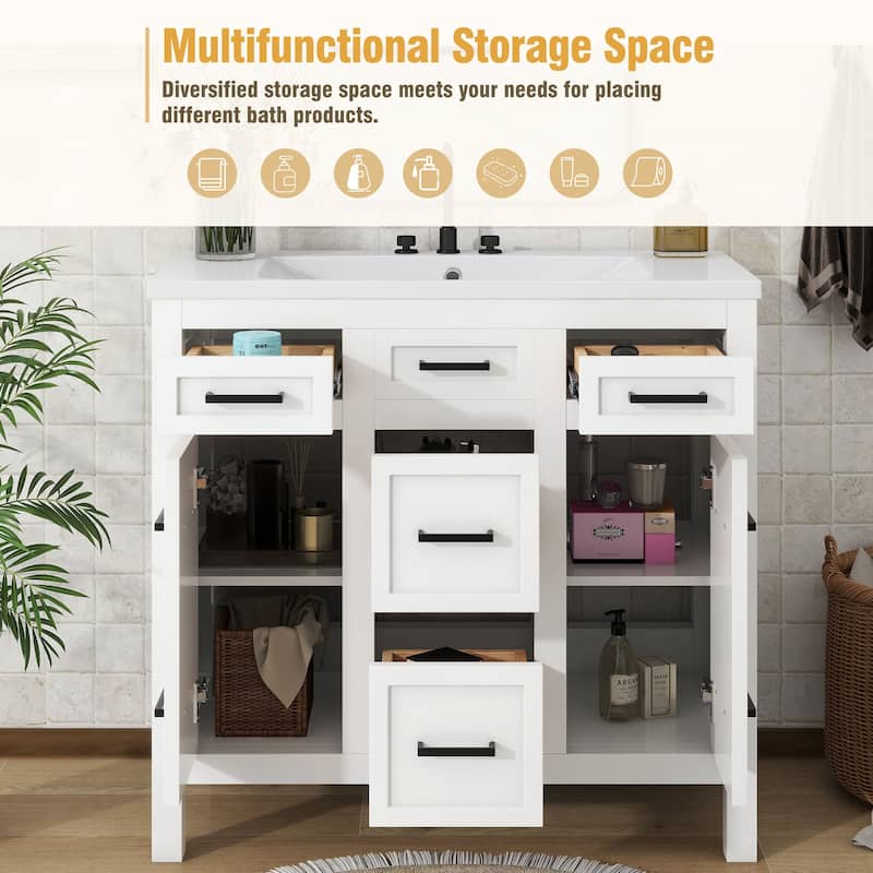 Bathroom Vanity Freestanding Cabinet with Resin Integrated Sink, 4 Drawers, 2 Cabinets, Solid Wood Frame and Adjustable Shelves
