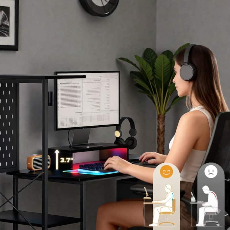 Gaming Desk with Storage and LED Lights, Computer Desk with Power Outlets USB C and Monitor Shelf for Home Office