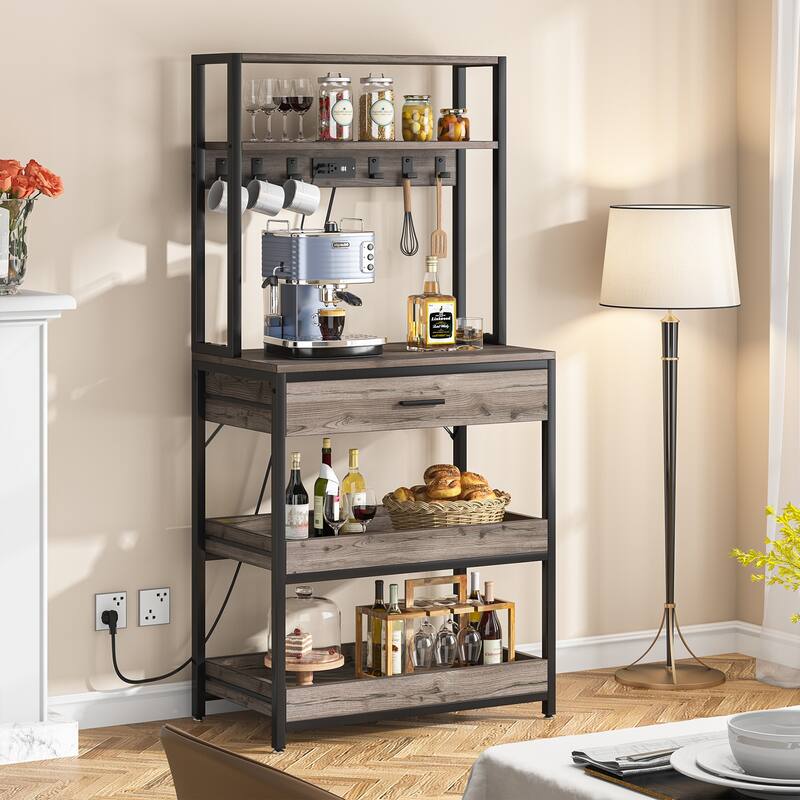Kitchen Bakers Rack with Power Outlets, High Utility Storage Shelves Microwave Stand with Drawers