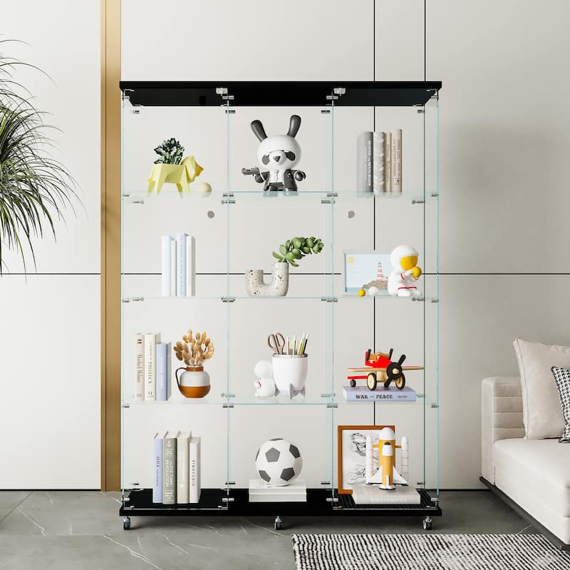 12 Shelves Glass Display Cabinet with 3 Columns and Lock, Curio Cabinets Tempered Glass Floor Standing Bookshelf for Living Room