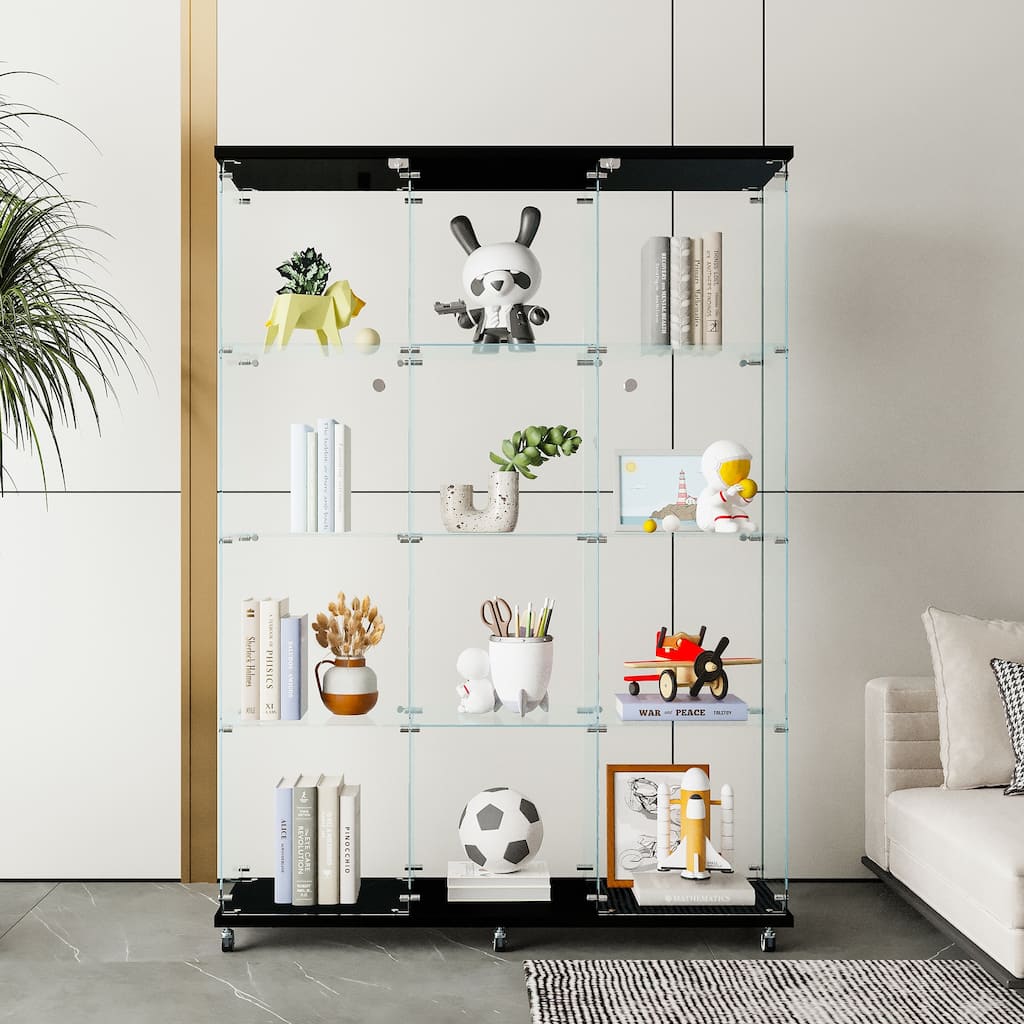 Glass Display Cabinet w/4 Shelves & Wheels, Floor Standing Glass Curio Cabinets for Living Room Bedroom Study or Collection Room