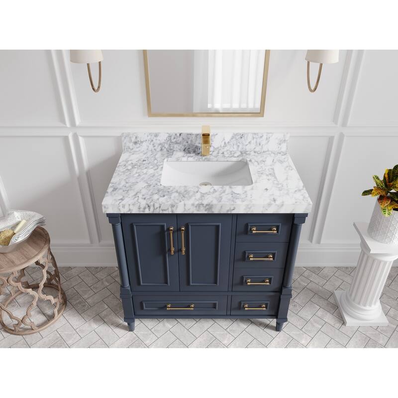 Willow Collections 36 in. W x 22 in. D Aberdeen Center Sink Left Bathroom Vanity with Countertop - 2" Carrara Marble - Hale Navy Blue