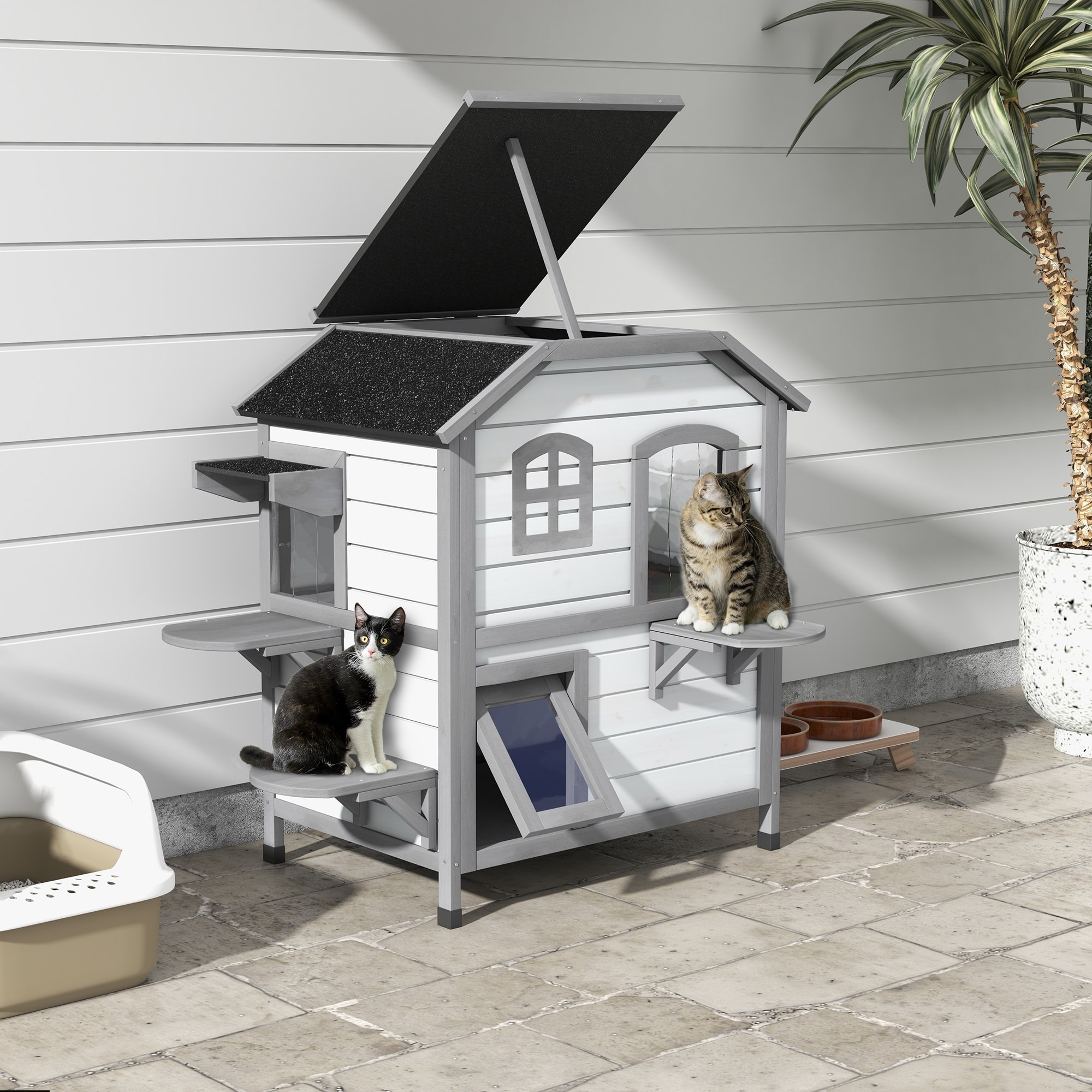 PawHut Fir Wood 2-Story Outdoor Cat House, Wooden Feral Cat Shelter with Openable Asphalt Roof for Indoor/Outdoor, White / Grey