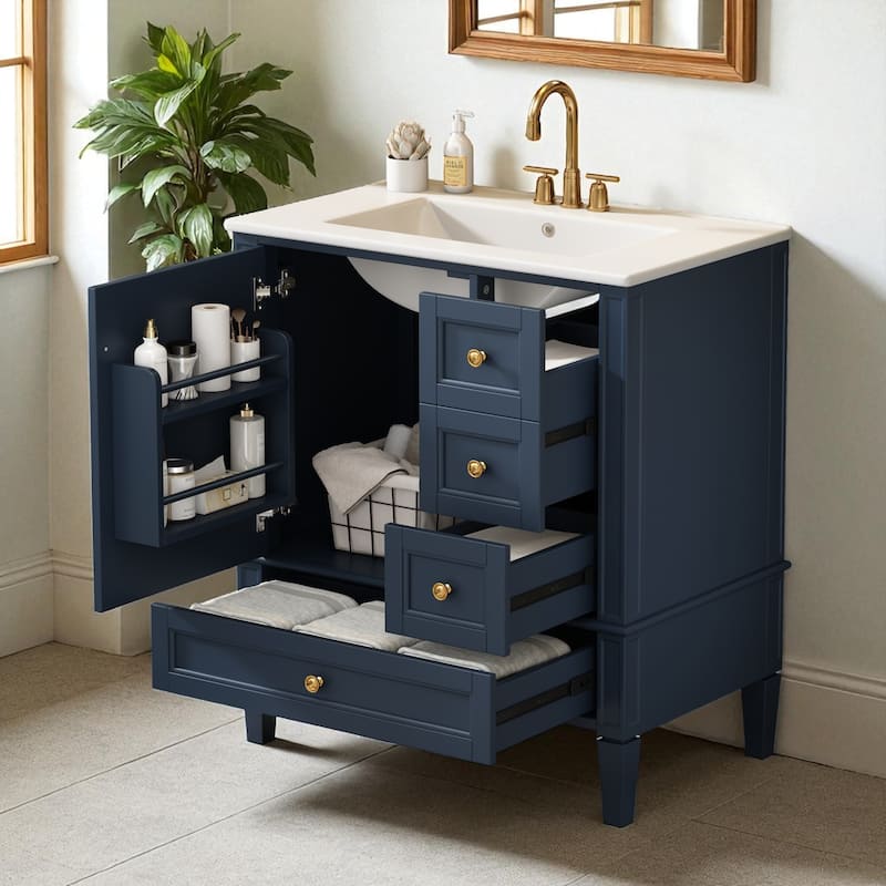 30 Inch Bathroom Vanity with Sink, Modern Freestanding Cabinet with 3 Drawers, Solid Wood Frame & Ceramic Top
