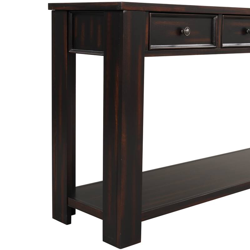 63" Pine Console Table with 4 Drawers & Open Bottom Shelf, Classic Retro Long Entryway Table Sofa Table for Living Room Entryway