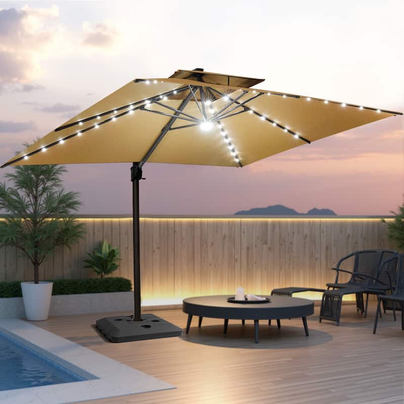 Pellebant 10x13 FT Outdoor Patio Double Top Cantilever Umbrella Solar LED Lighted with 4 Piece Square Offset Umbrella Base