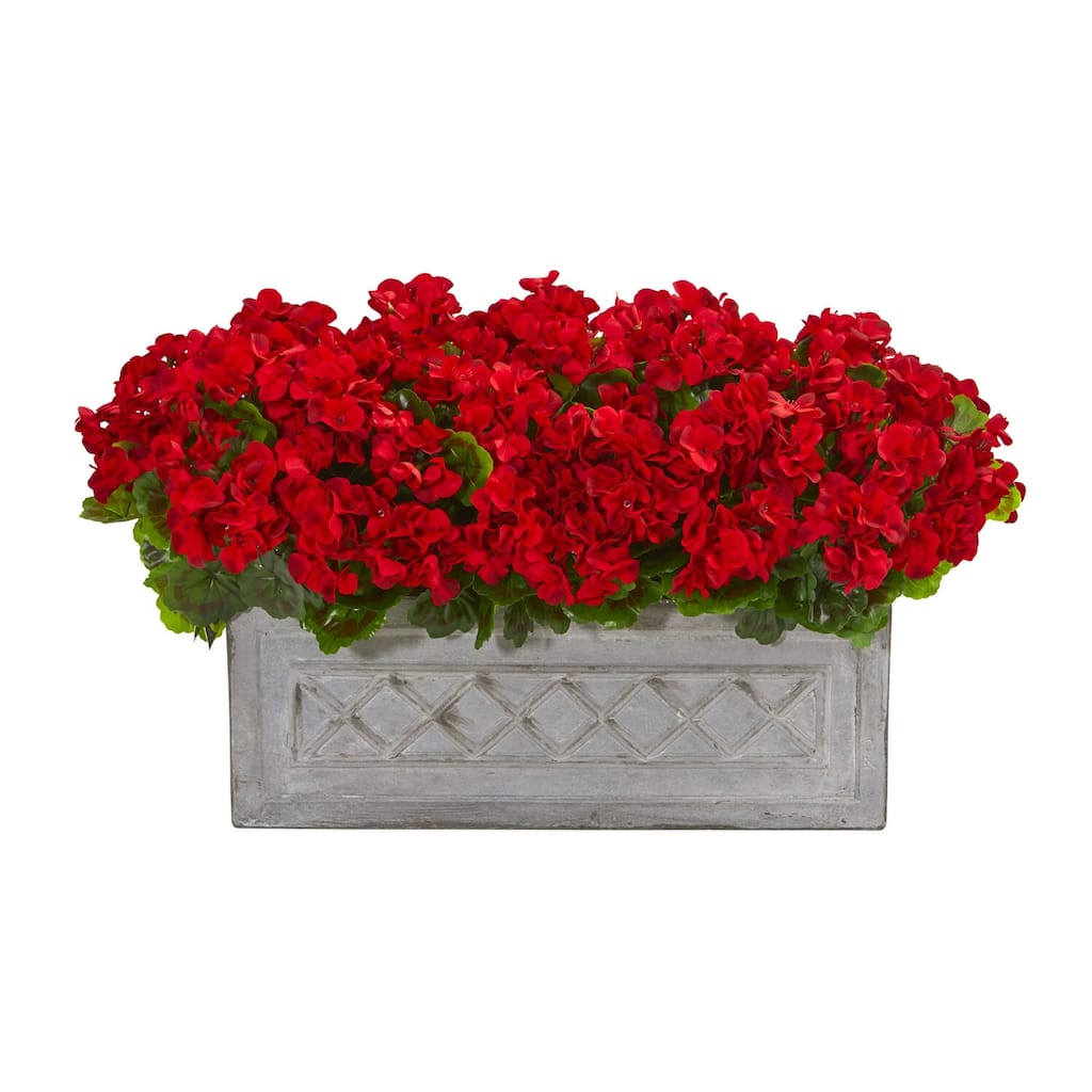 Artificial Plant with Red Blooms & Stone Planter - 18" Renaissance Revival UV-Proof Indoor Outdoor Decor